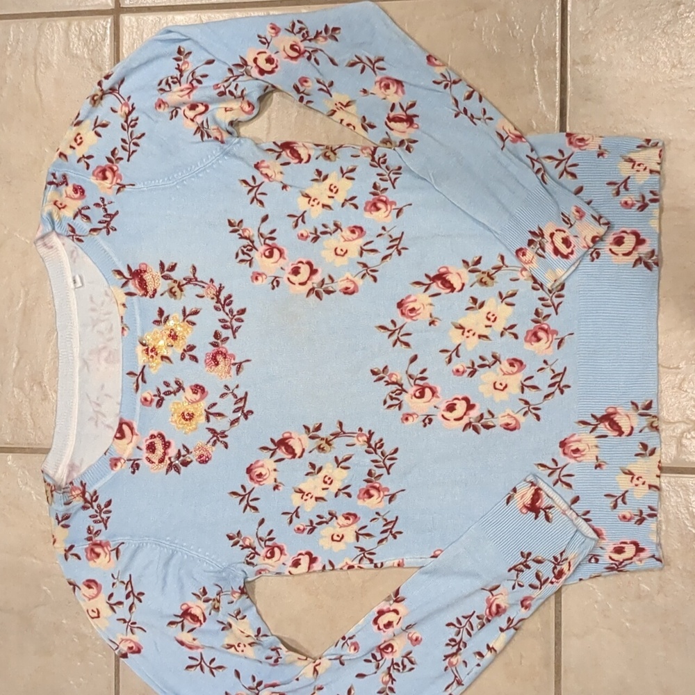 Women's Blue Floral Knit Top Blouse Size Medium